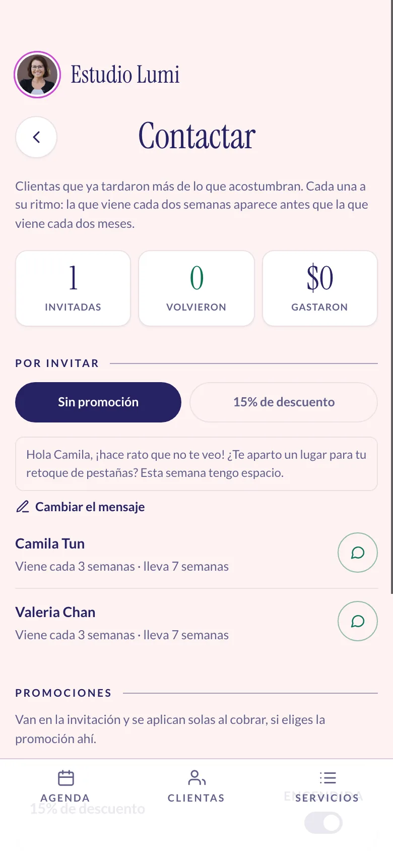 Lista de clientas que ya se tardaron en regresar, con botón de invitar