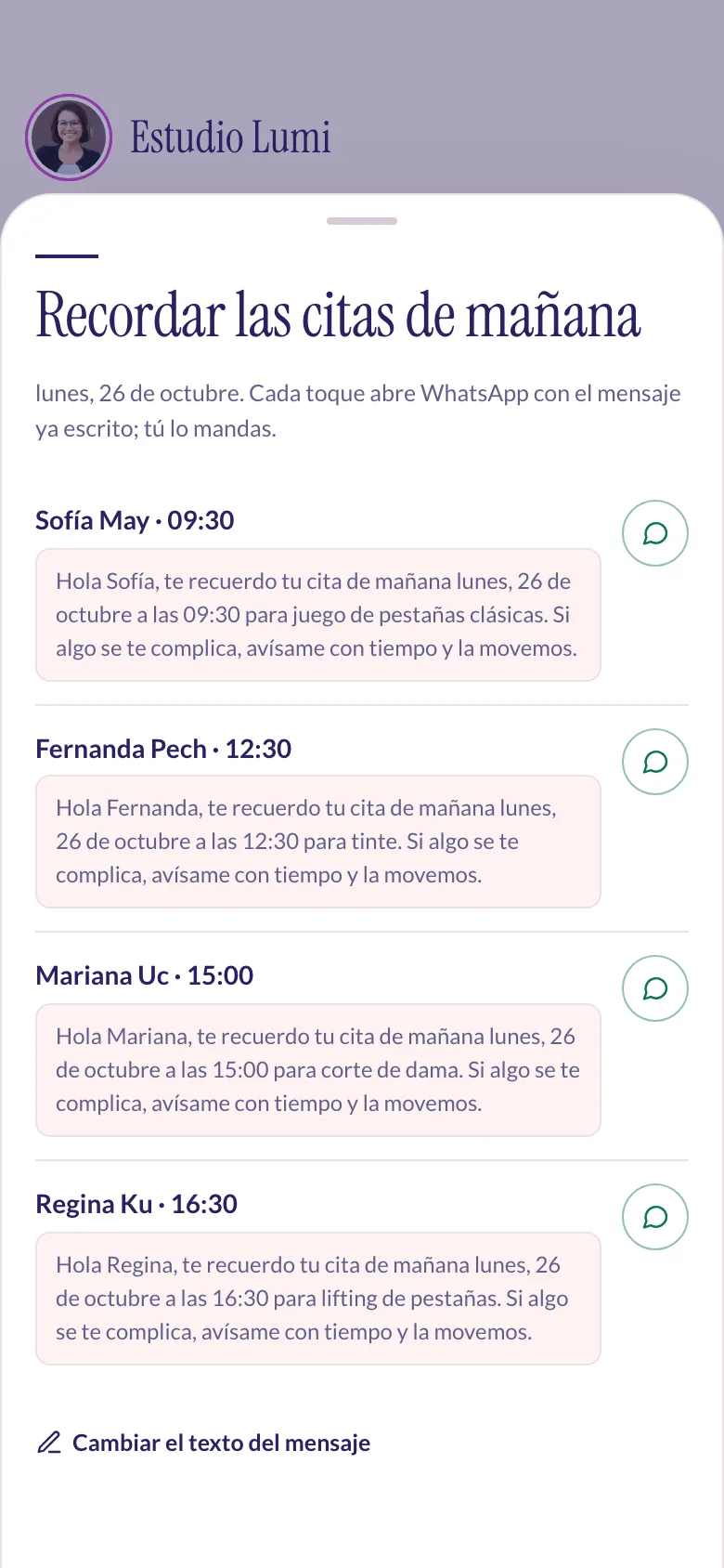 Lista de recordatorios de mañana listos para mandar por WhatsApp